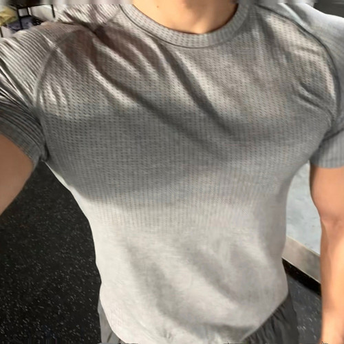 夏季美式lulu同款男无缝提花短袖银线mvt纯色速干训练健身显大T恤