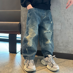 潮 小中大宝宝宽松儿童长裤 男童牛仔破洞街舞走秀演出裤 子2025春装