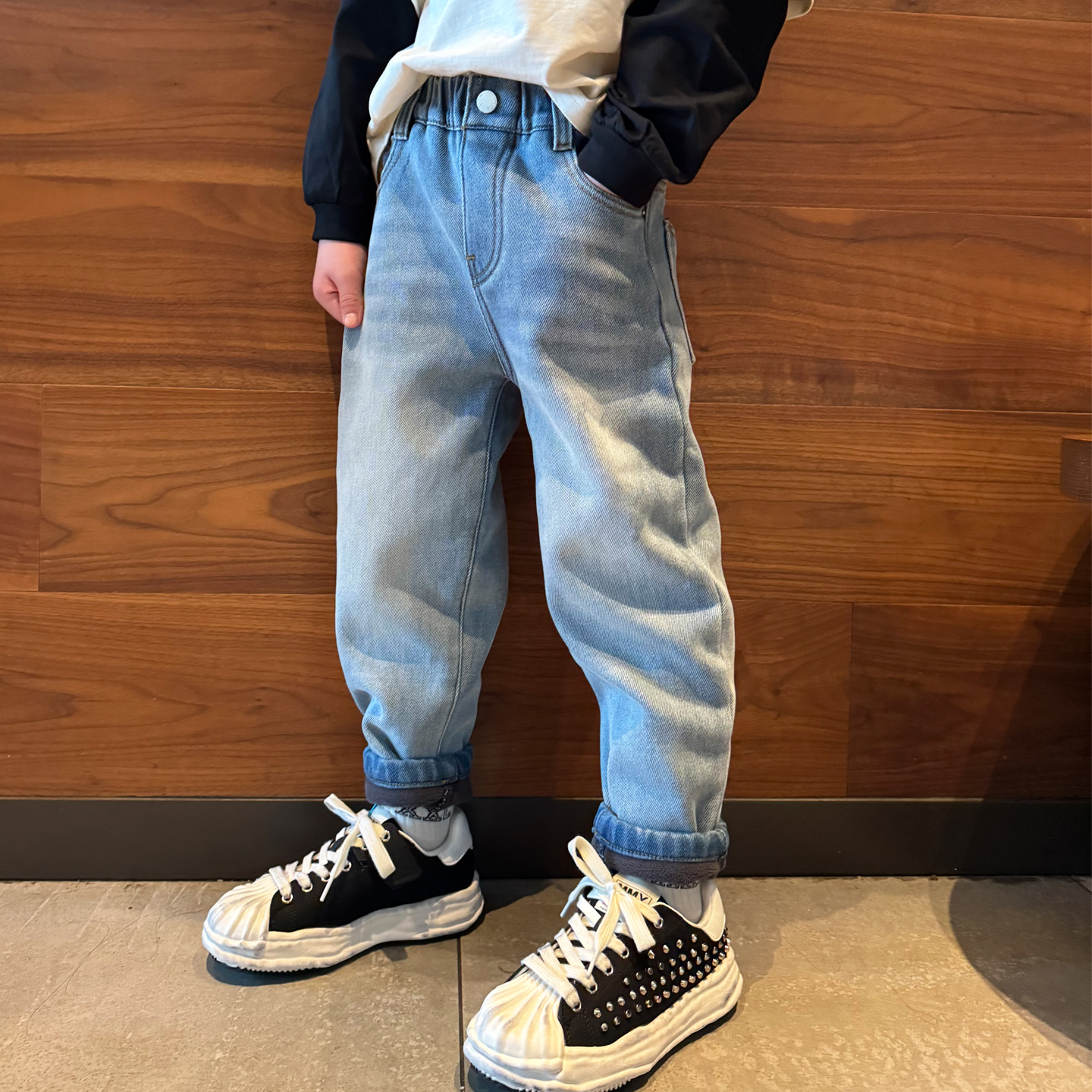 男童加绒牛仔裤子小脚浅蓝百搭