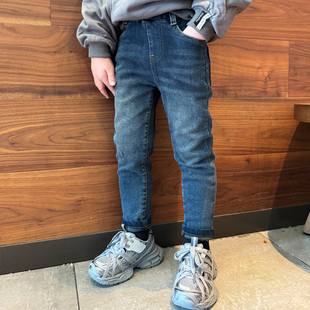 童装男童薄绒小脚修身瘦版牛仔裤子2025冬季抓绒宝宝韩版儿童长裤