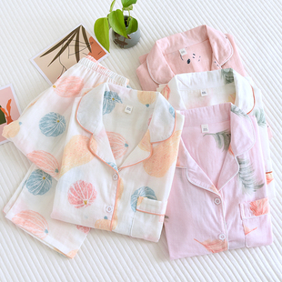 春秋大码 纯棉纱布薄款 全棉长袖 开衫 棉纱睡衣女新款 家居服套装 夏季