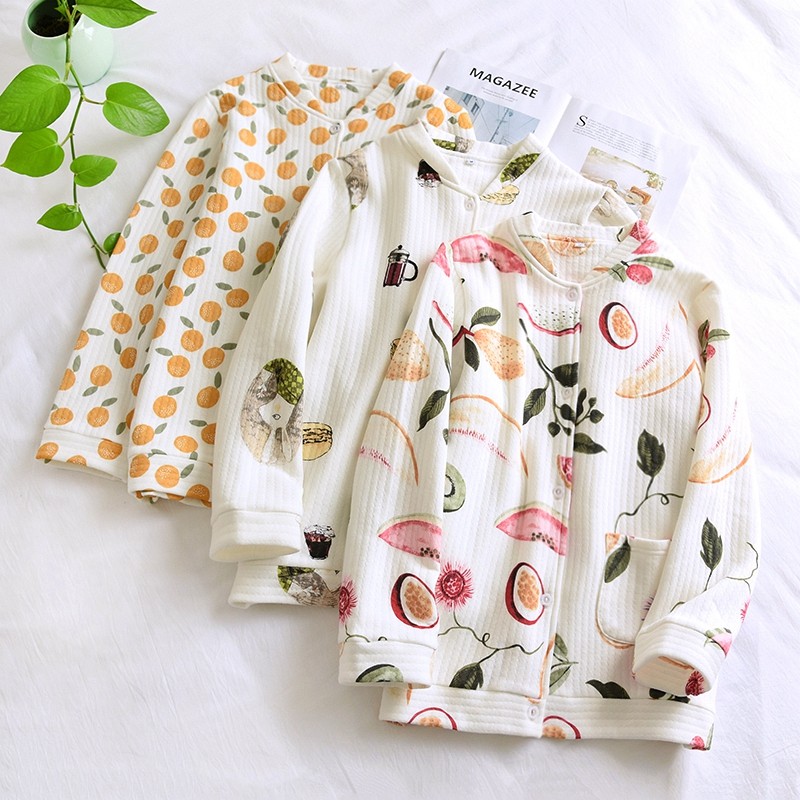 睡衣春秋季无领开衫保暖夹棉