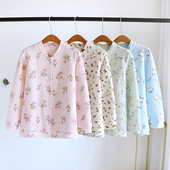 秋冬纯棉睡衣女单件上衣春秋加厚无领开衫 空气层薄夹棉保暖家居服