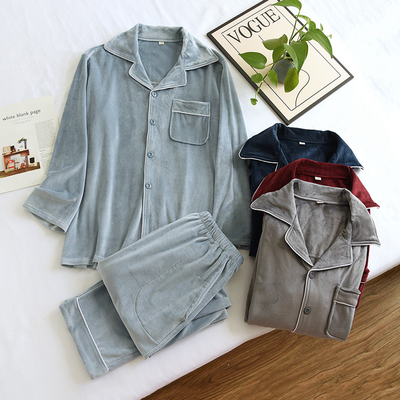 海岛绒睡衣男薄绒不加厚长袖套装