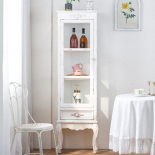 法式复古白色简约三隔层玻璃门储物酒柜整装落地收纳置物文件边柜