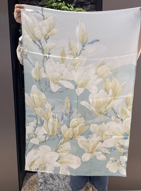 玉兰花开 12姆米素绉缎190*63cm长巾手工卷边单面印花披肩瑕疵款