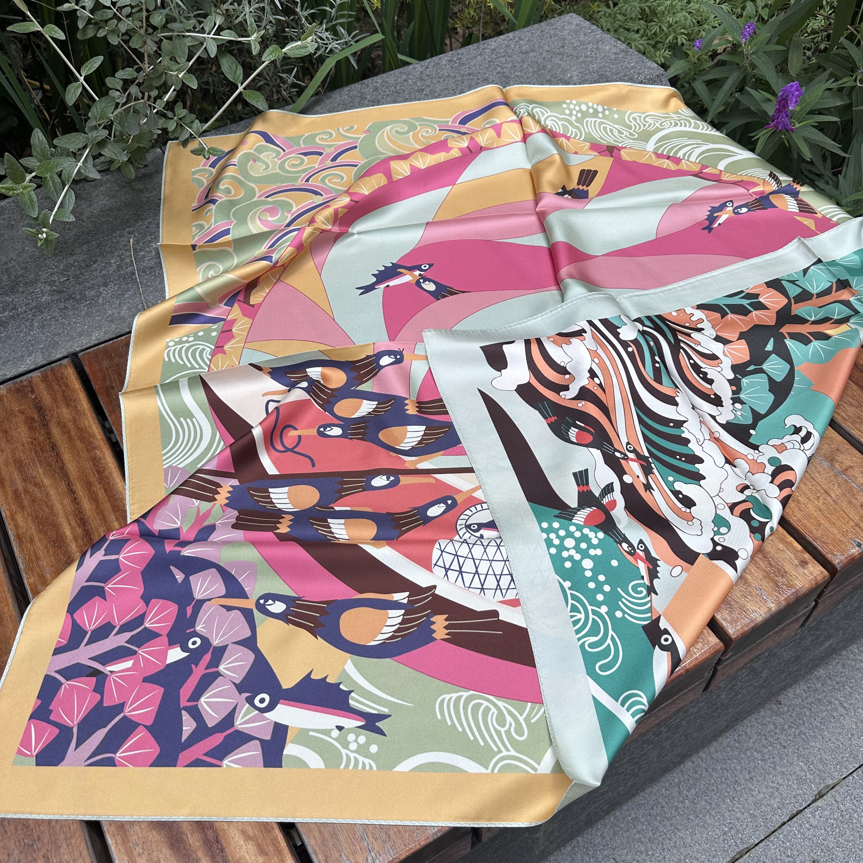 渔舟唱晚 农民画90*90方巾14姆米斜纹绸双面异色机器卷边瑕疵款