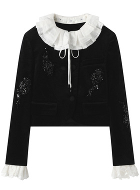 2025秋拉家商场同款宫廷感钉珠刺绣重工钉珠黑色丝绒短款外套