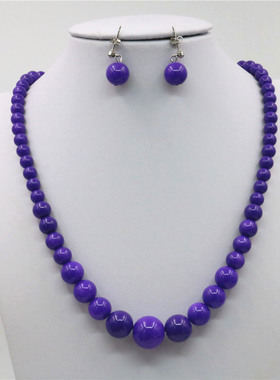 6-14mm圆形紫色玻璃烤漆珍珠项链塔链耳环耳钉首饰套装 女锁骨链
