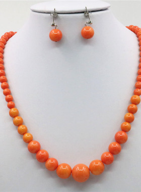 6-14mm圆形橙色玻璃烤漆珍珠项链塔链耳环耳钉首饰套装 女锁骨链