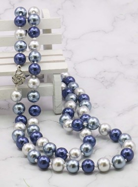 灰黑蓝三色双层玻璃珍珠项链