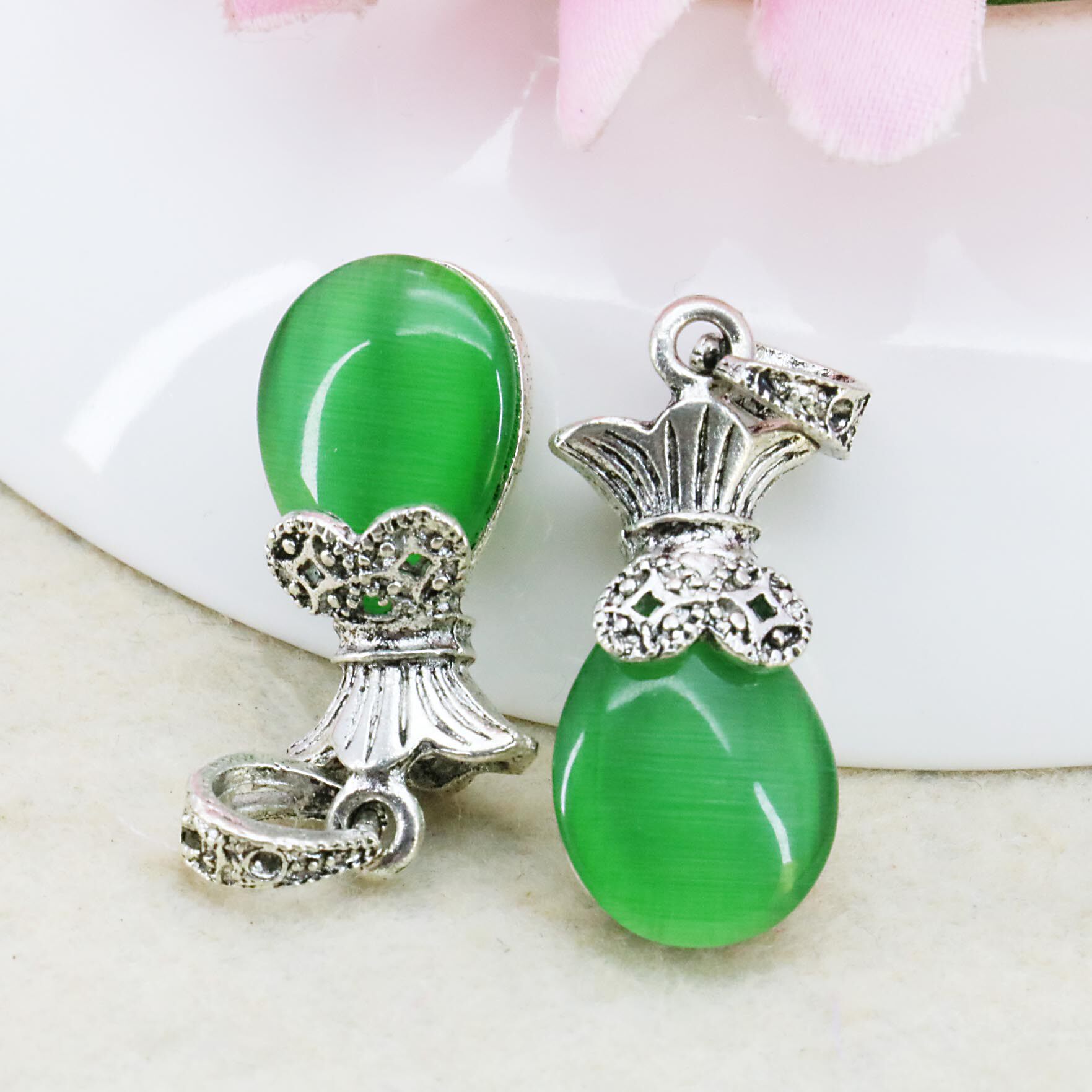 12X22mm绿色猫眼石花苞项链吊坠 DIY手工制作项饰配件饰品送妈妈