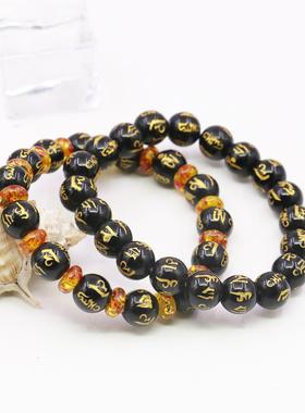 圆六字真言树脂蜜蜡手链佛珠手串