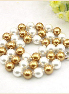 油菜花珍珠圆珠女白棕双色项链无