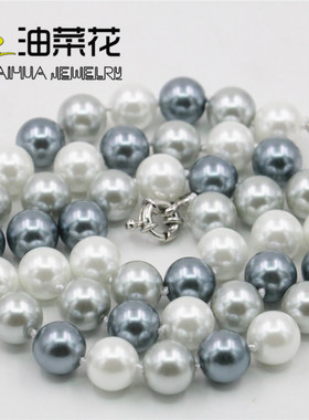 油菜花玻璃珍珠圆珠女白灰黑项链