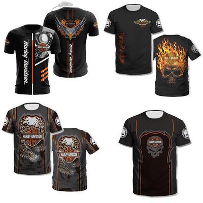 2022欧美跨境外贸新款男装哈雷摩托3d数码印花宽松圆领短袖T恤