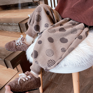 女童裤子小童灯笼裤秋装新款儿童秋冬季加绒束脚裤波点宝宝宽松裤