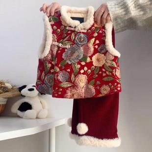 女童新中式夹棉马甲2026冬款女宝宝周岁拜年服儿童中国风唐装套装