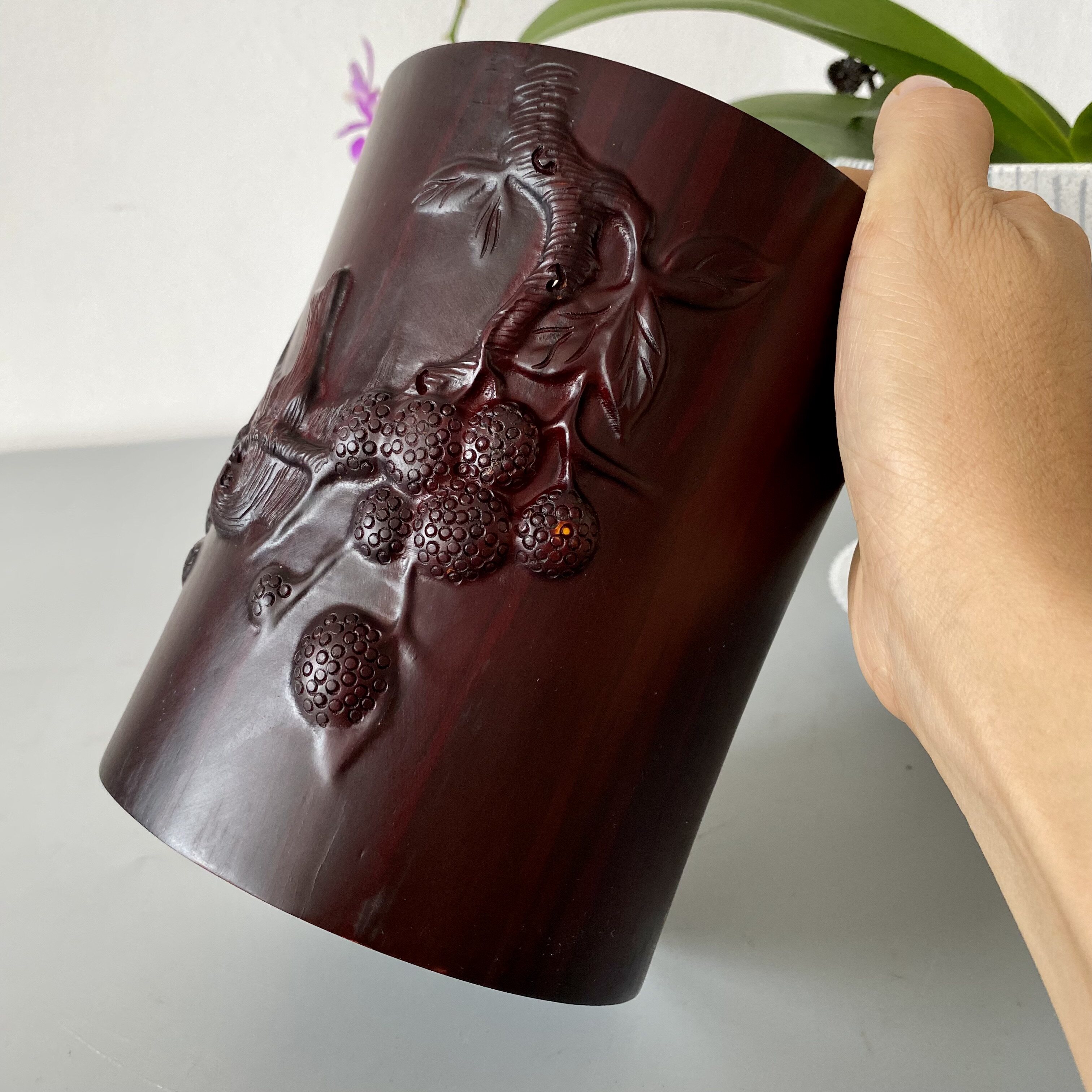 紫檀木笔筒工艺品实木雕花大容量笔插书房摆件文房四宝书法用品