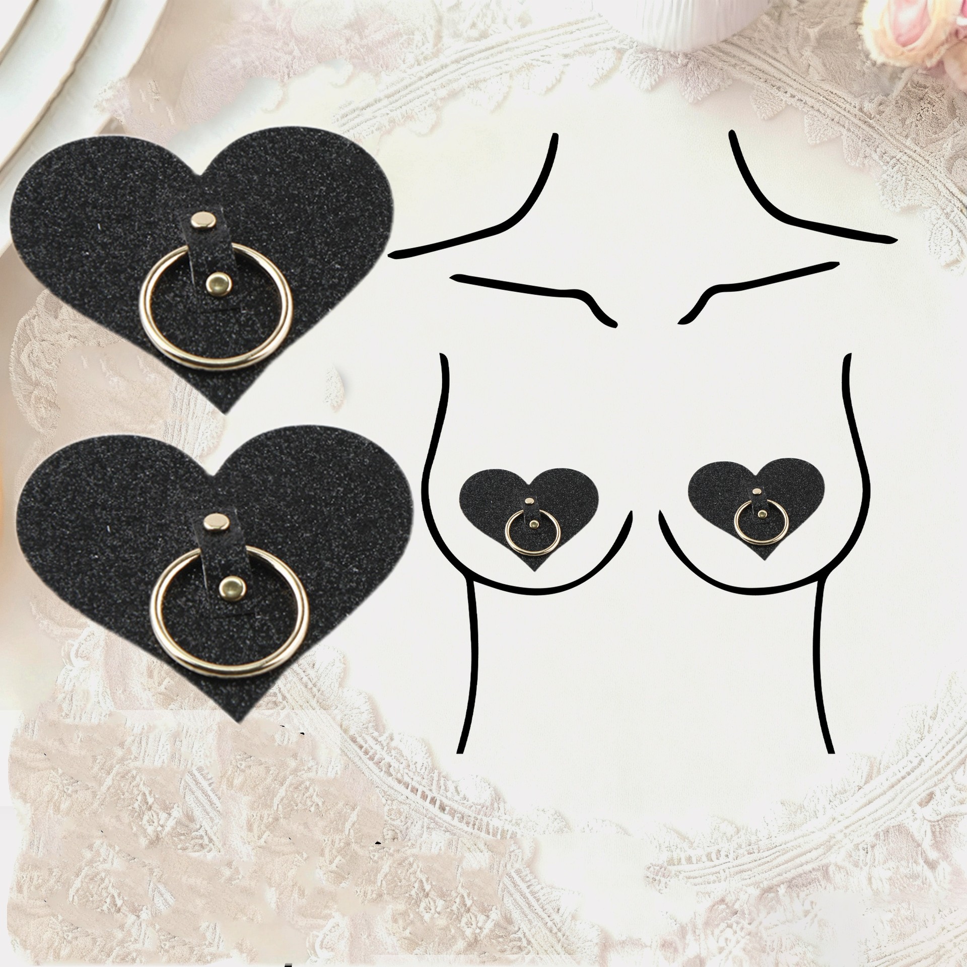 新款爱心格力特闪粉乳贴黑桃金属防走光贴胸贴隐形防凸装饰乳贴