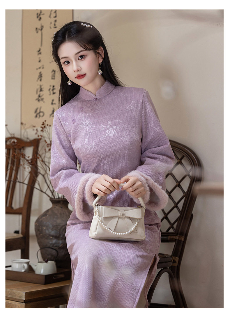 【爱晴柔】紫色加厚年轻款旗袍女