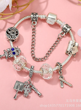 书本串珠毕业季学士帽吊坠手链女 diy时尚猫头鹰串珠银色魅力手链