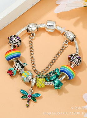 蓝色蜻蜓吊坠魅力手链男女 diy丛林土著人和怪兽串珠手链银色