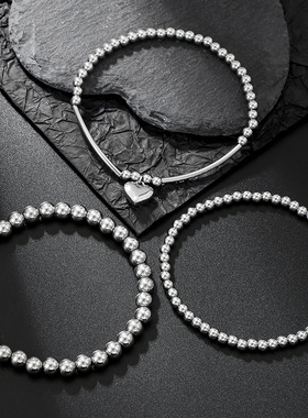 欧美跨境手饰品不锈钢爱心吊坠金属风手链组合甜酷串珠叠戴手镯女