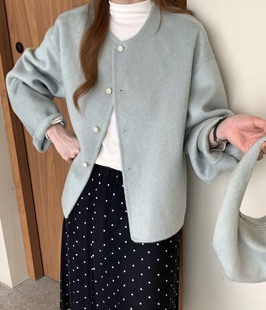 2025年冬季韩版女装时尚气质圆领长袖双面羊毛短外套圆领毛呢外套