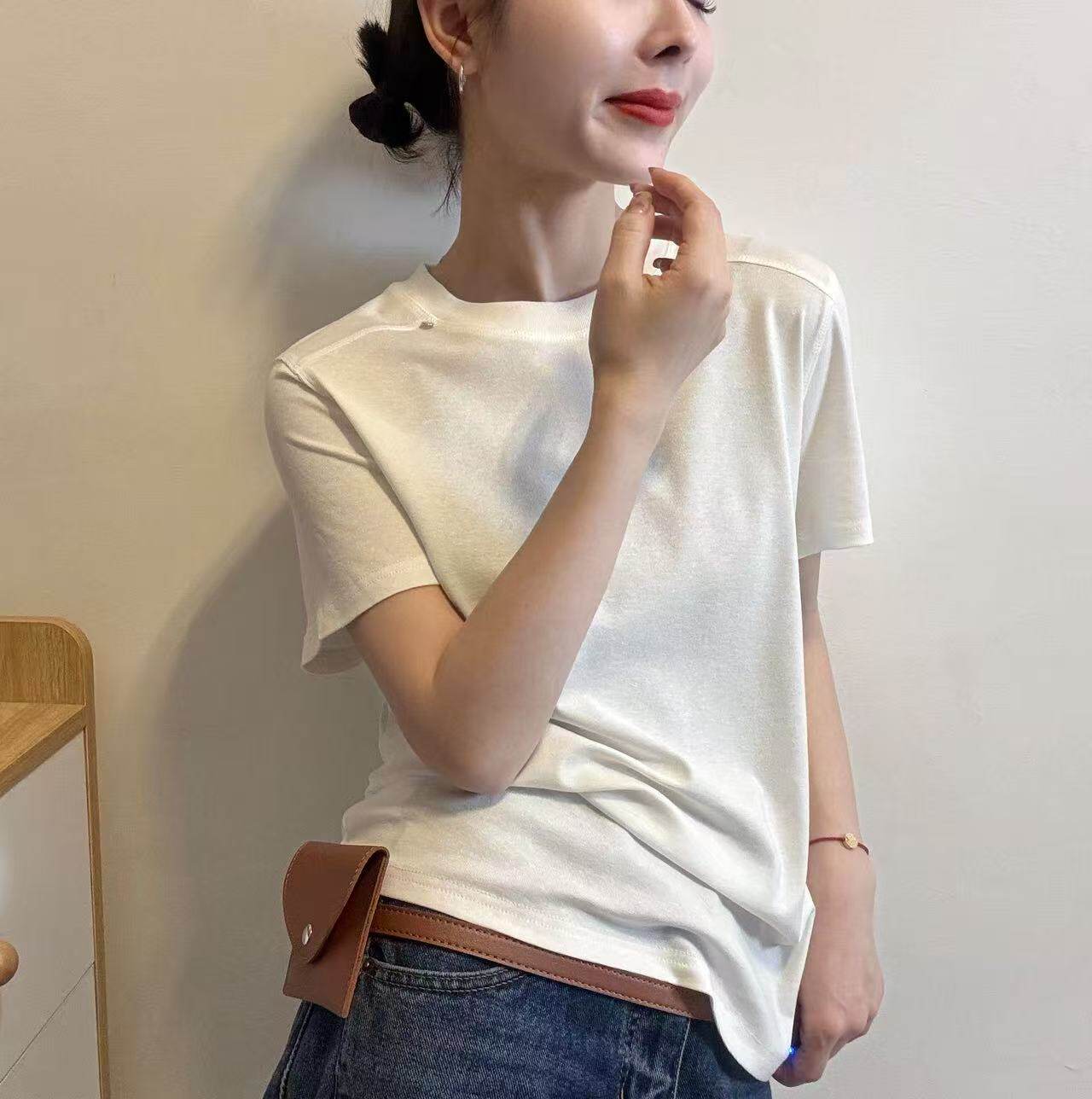 2026年春季韩版女正品时尚百搭圆领套头短袖T恤糖果色亚麻打底衫