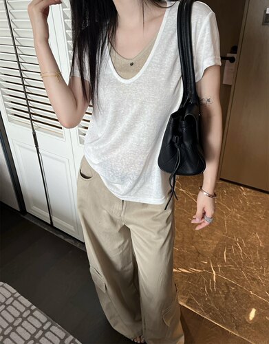 2026年夏季韩版新款Big Family女装时尚拼接假两件短袖T恤上衣女t