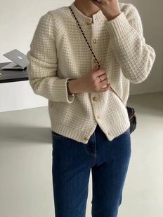 镂空羊毛毛衣开衫 TWO天使名妆2024年加厚宽松单排扣圆领长袖