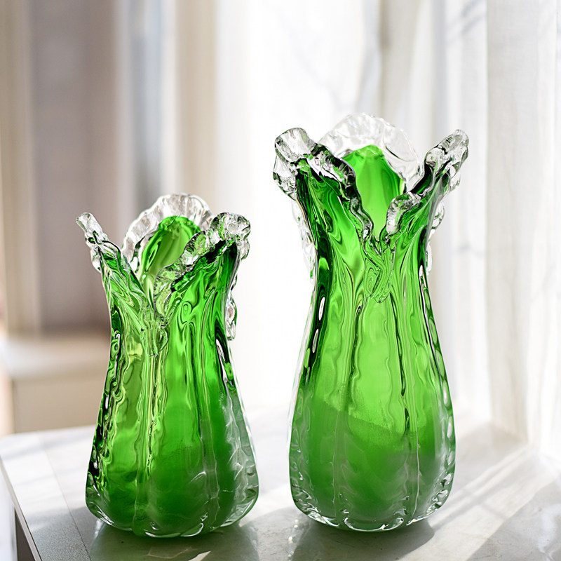 152外贸出口人工吹制玻璃艺术花瓶绿色琉璃花器家居装饰轻奢摆件