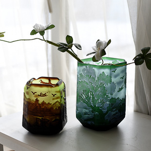 饰品轻奢礼品 473外贸出口纯手工雕刻Galle玻璃艺术花瓶方形家居装