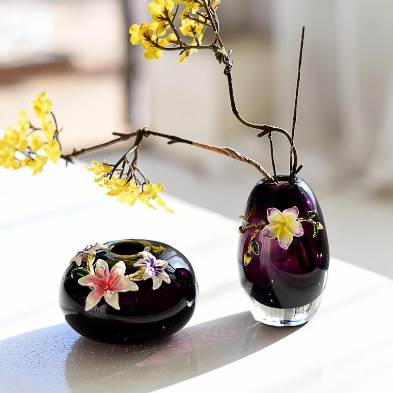 CH143外贸出口紫色珐琅彩桌面小玻璃花瓶迷你轻奢欧式人工吹制