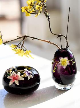 CH143外贸出口紫色珐琅彩桌面小玻璃花瓶迷你轻奢欧式人工吹制