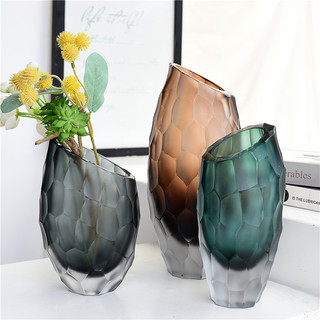 出口手工磨刻彩色玻璃艺术花瓶斜口创意家居轻奢装饰摆件软装设计