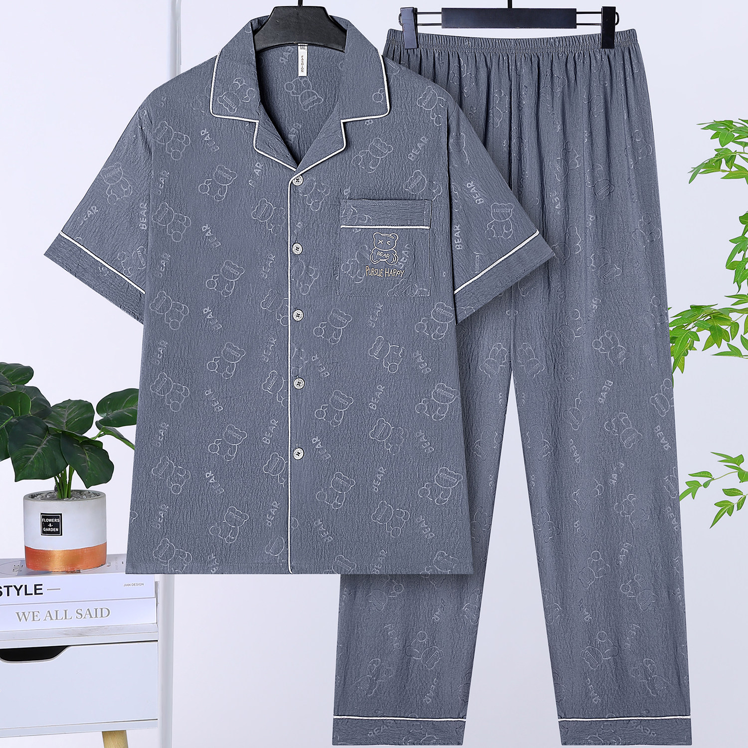 广东潮汕普宁衬衫睡衣夏季薄款男中青少年短袖长裤家居服剪标套装