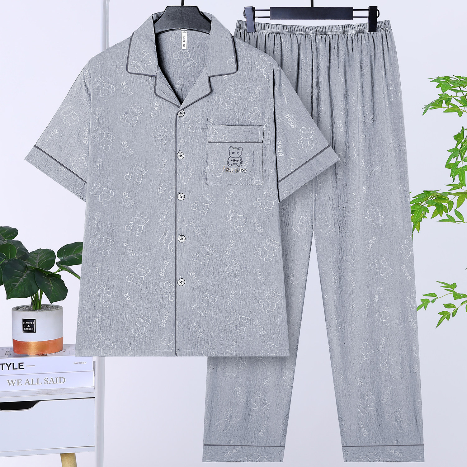 广东潮汕普宁衬衫睡衣夏季薄款男中青少年短袖长裤家居服宿舍套装