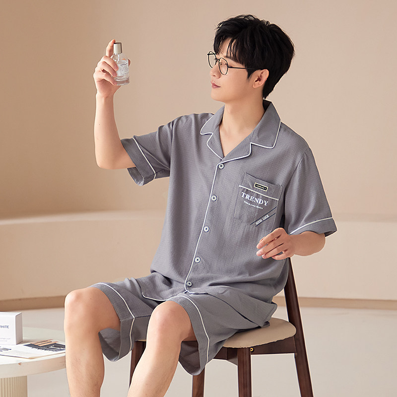 外贸出口尾单剪标大牌睡衣男夏季纯棉短袖青年学生高级家居服套装