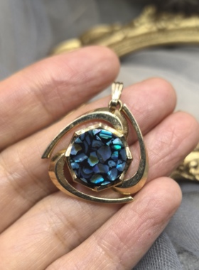 日本海外vintage中古简约款复古金色贝母拼接吊坠项链孤品