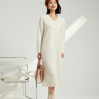 100纯山羊绒拉绒V领连衣裙女秋冬长款宽松内搭拉毛打底针织长裙