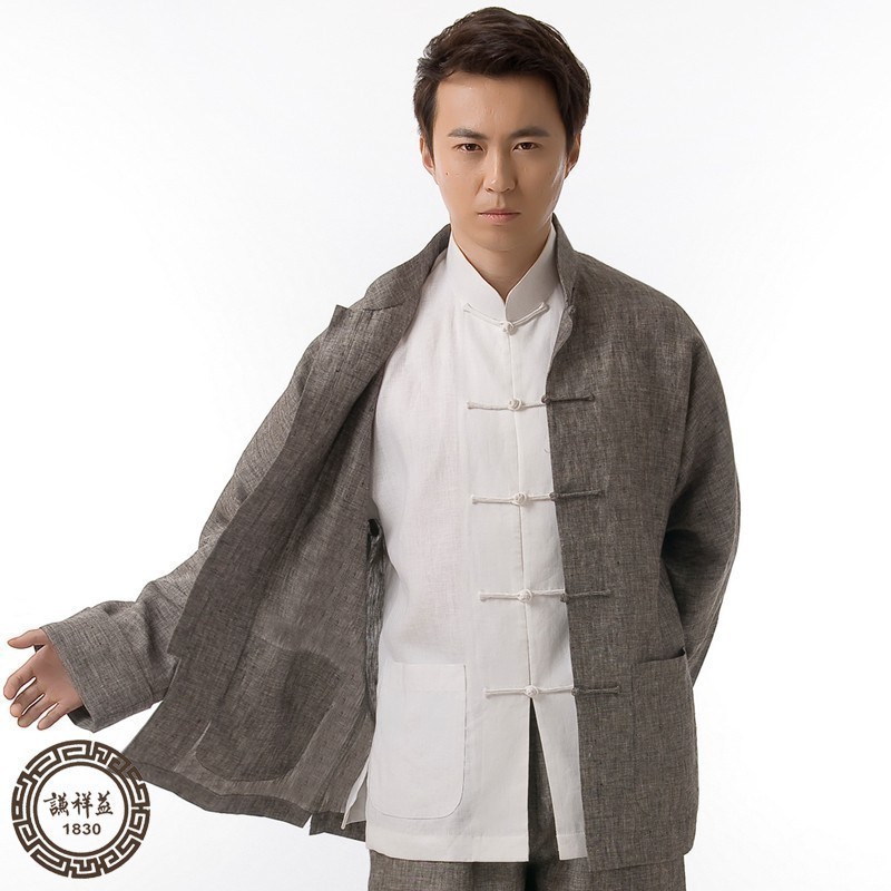 中式亚麻春夏季唐装男长袖单衣中国风立领上衣复古民族风盘扣衬衫