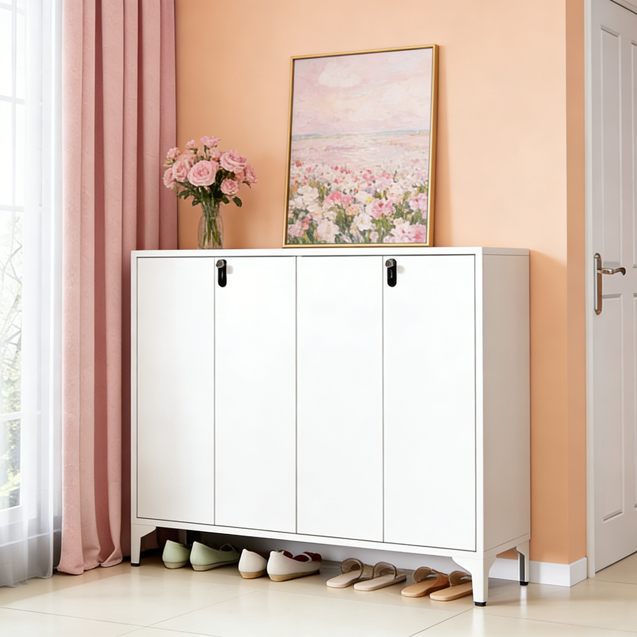 带锁鞋柜家用钢制鞋架玄关入户带门收纳柜现代简约大容量储物柜