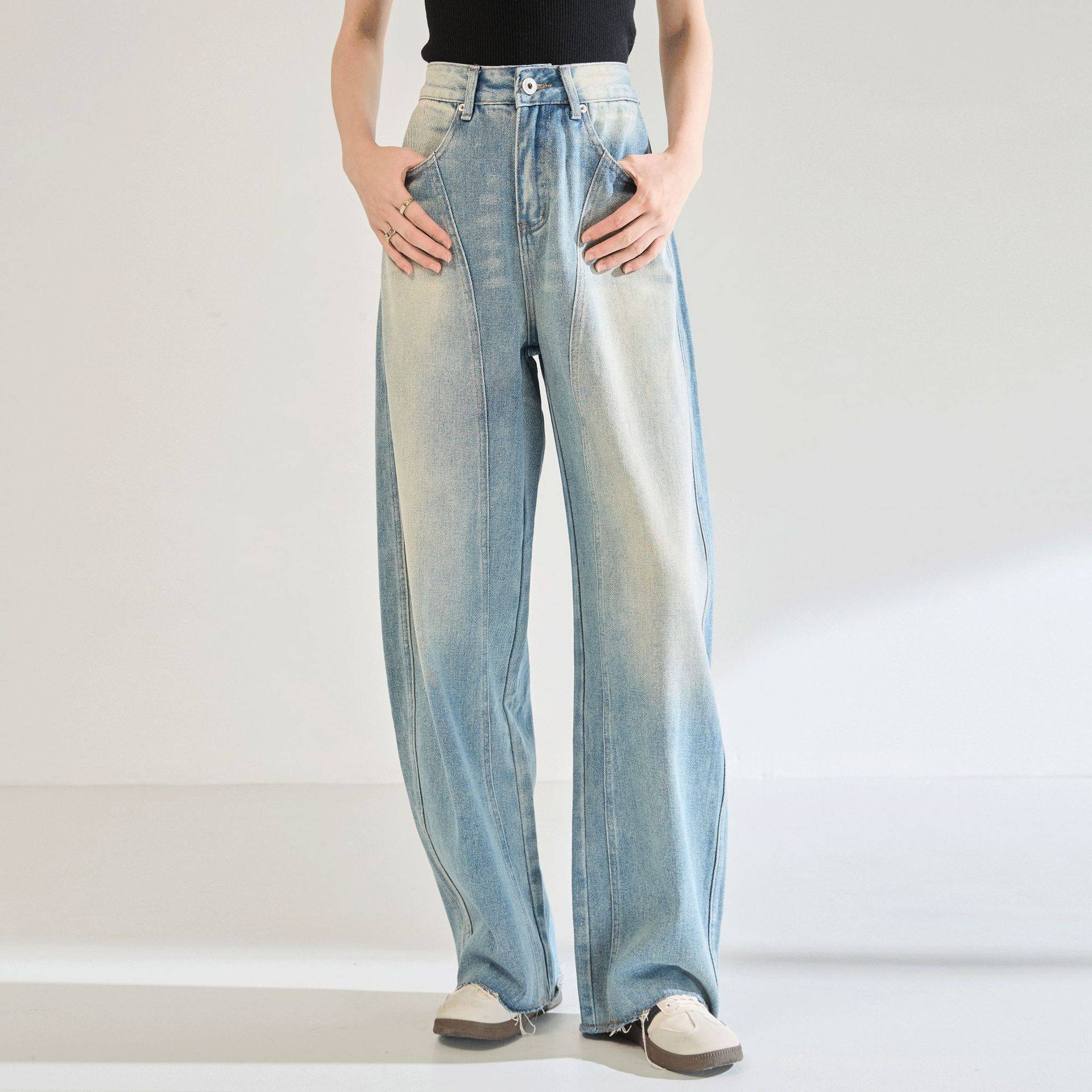 2026春季新款高腰阔腿裤宽松水洗美式复古浅蓝色弯刀牛仔裤女,女装/女士精品,牛仔裤,淘宝优惠券,粉丝福利购,淘宝优惠卷