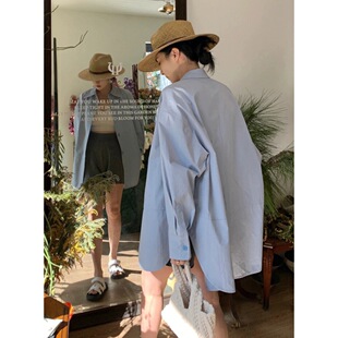 韩版hiphop蓝色长袖衬衫女春秋宽松oversize慵懒风百搭休闲衬衣潮
