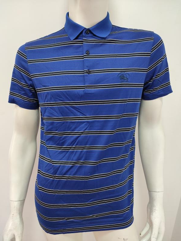 堡家样衣男士夏季翻领短袖t恤条纹舒适莱赛尔桑蚕丝混纺 胸围104