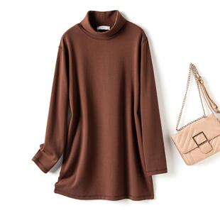 秋冬季半高领打底衫大码女装长袖中长款宽松t恤加绒加厚保暖上衣