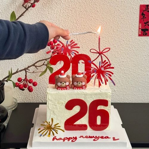 网红新年快乐礼花2026亚克力蛋糕装饰插件围巾腮红小熊装扮摆件