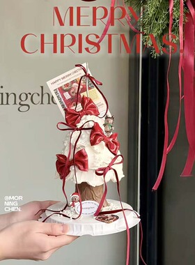 2026圣诞节红色蝴蝶结圣诞树蛋糕装饰卡片圣诞吊牌丝带祝福卡定制